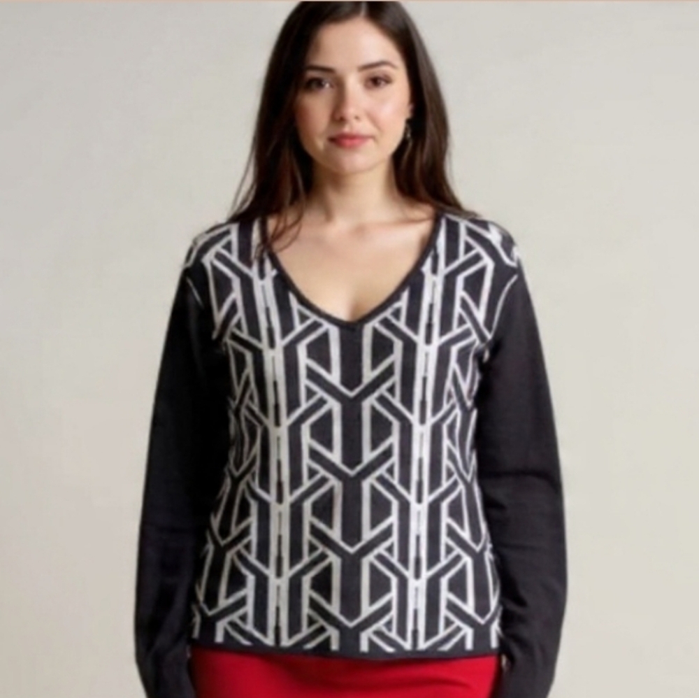 L❣️Moffi Casual Black&White Geometric V-Neck Cotton Sweater
